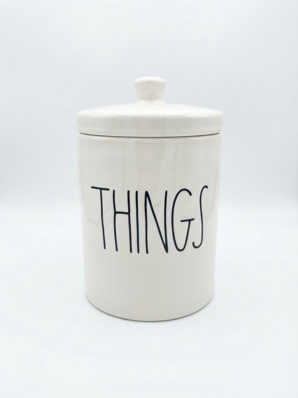 Rea Dunn White Ceramic Canister with 'THINGS' Black Lettering